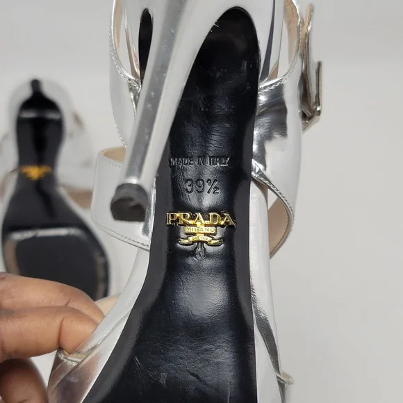 Prada Metallic Silver Platform Slingeback Strappy Straps Heel Sandals Size 39.5 - Picture 14 of 16